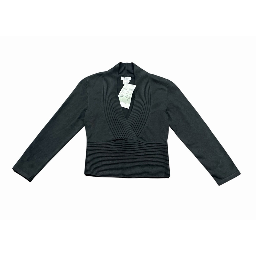 Cache Silk Blend Ribbed Knit Deep V Neck Sweater Top S Black Y2K Crop NWT